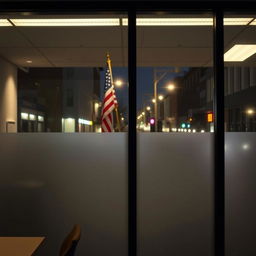 A serene American office interior at night, featuring large, frosted and smoked glass windows that reflect a peaceful street scene outside