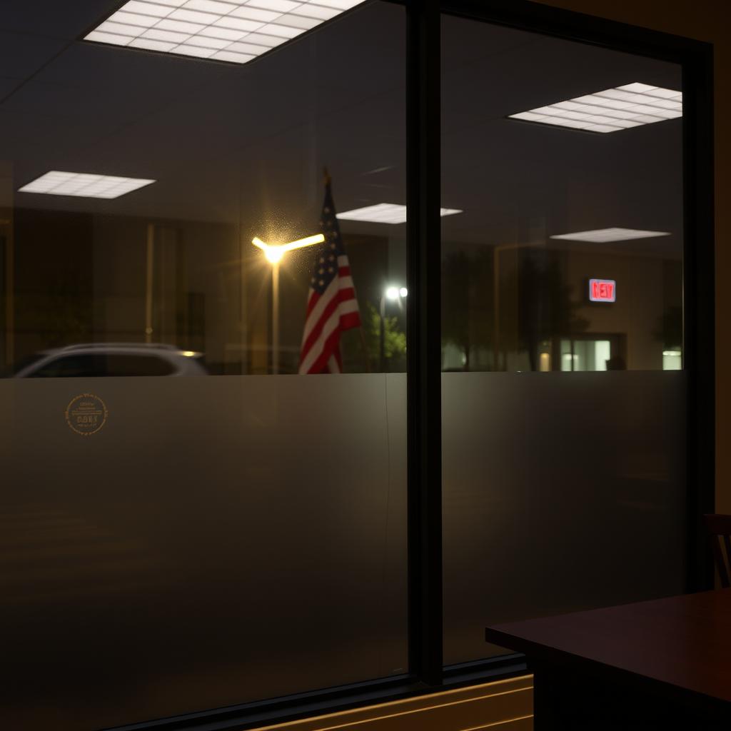 A serene American office interior at night, featuring large, frosted and smoked glass windows that reflect a peaceful street scene outside