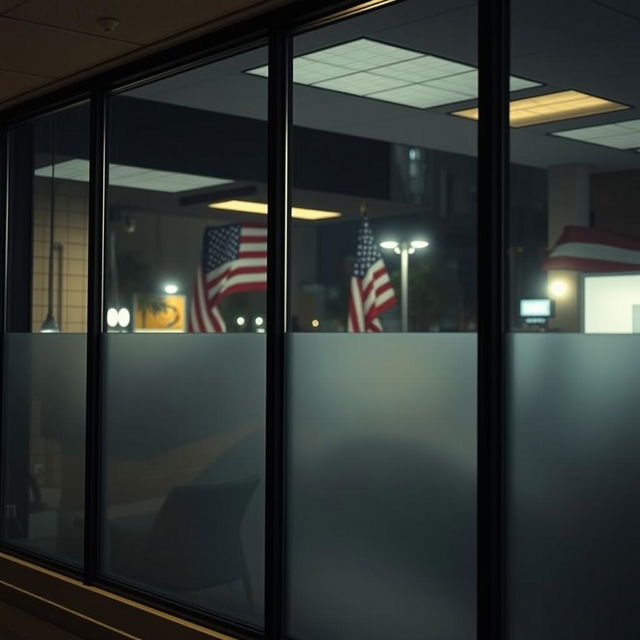 A serene American office interior at night, featuring large, frosted and smoked glass windows that reflect a peaceful street scene outside