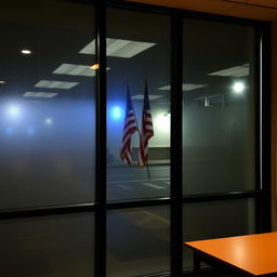 A serene American office interior at night, featuring large, frosted and smoked glass windows that reflect a peaceful street scene outside
