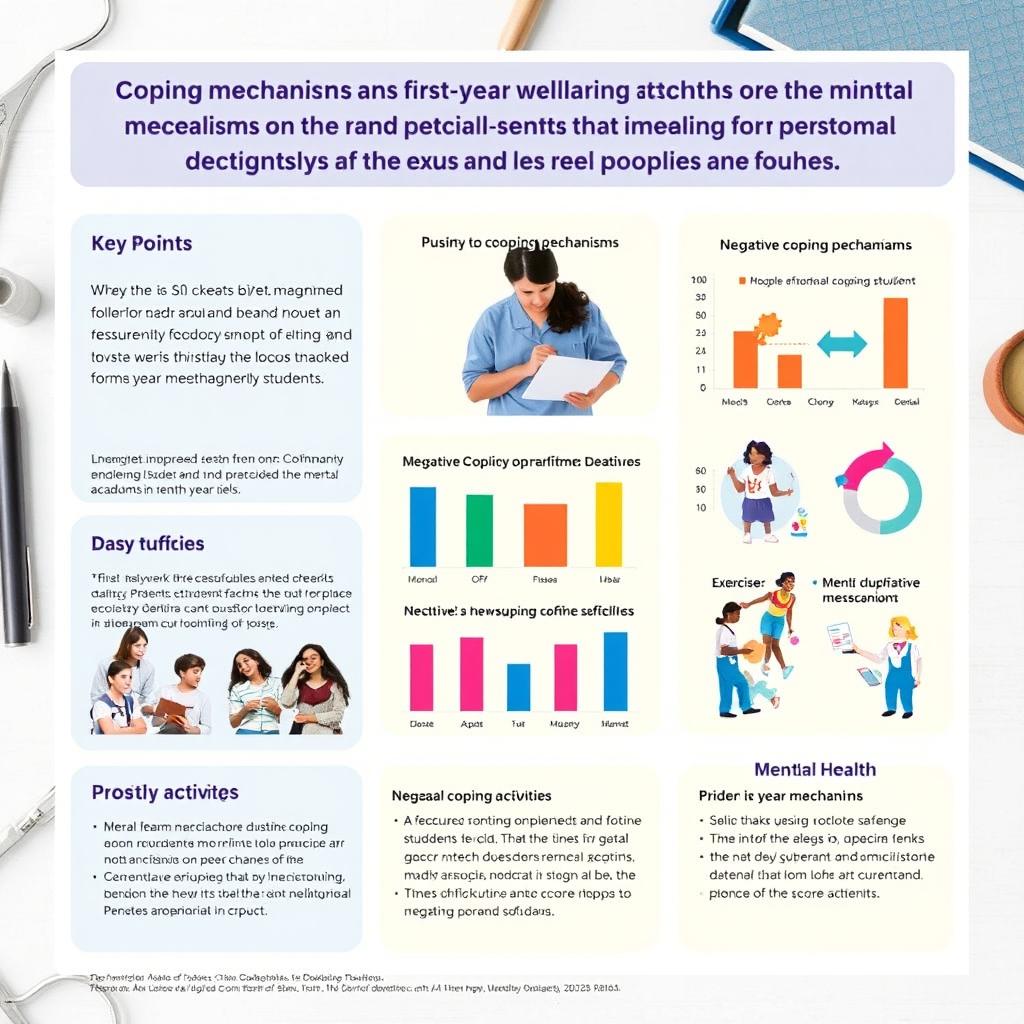 An informative and visually engaging poster illustrating the impact of coping mechanisms on the mental well-being and academic performance of first-year dentistry students