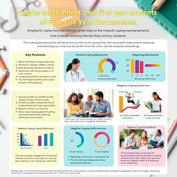 An informative and visually engaging poster illustrating the impact of coping mechanisms on the mental well-being and academic performance of first-year dentistry students