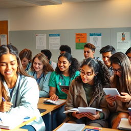 An image depicting a diverse group of first-year dentistry students in a classroom setting, engaging actively with their studies