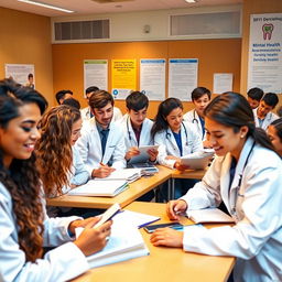 An image depicting a diverse group of first-year dentistry students in a classroom setting, engaging actively with their studies