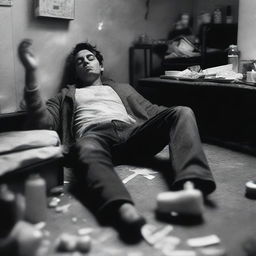 A black and white photograph captures a poignant moment - a male figure, visibly in the throes of addiction, slumped amidst furniture