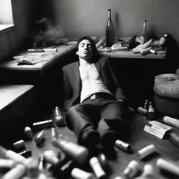 A black and white photograph captures a poignant moment - a male figure, visibly in the throes of addiction, slumped amidst furniture