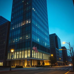 A tall office building in the USA featuring large, frosted and smoked glass windows