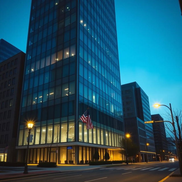 A tall office building in the USA featuring large, frosted and smoked glass windows