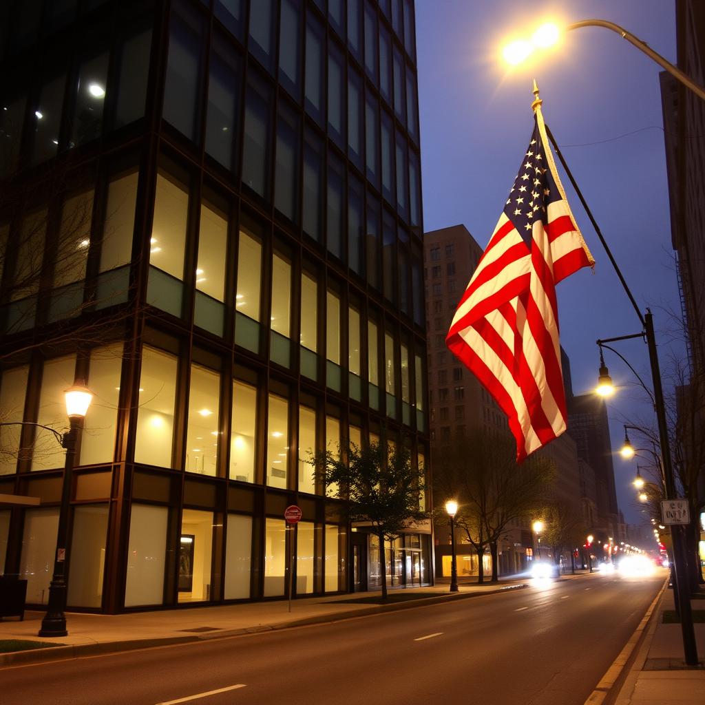 A tall office building in the USA featuring large, frosted and smoked glass windows