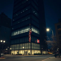 A tall office building in the USA featuring large, frosted and smoked glass windows
