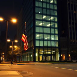 A tall office building in the USA featuring large, frosted and smoked glass windows