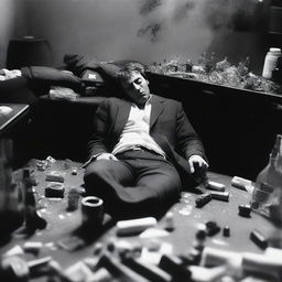 A black and white photograph captures a poignant moment - a male figure, visibly in the throes of addiction, slumped amidst furniture