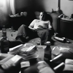 A black and white photograph captures a poignant moment - a male figure, visibly in the throes of addiction, slumped amidst furniture