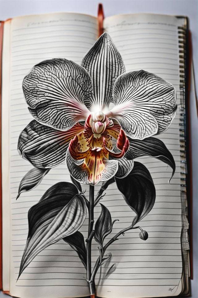 This is a high-quality image of an intricate pencil drawing of an orchid on lined paper, photographed in a vintage style