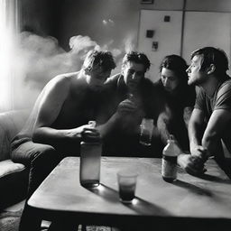 A high-quality black and white photograph showcases a group of friends, seemingly exhausted, collapsed together on a piece of furniture