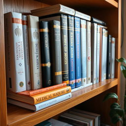 A neatly arranged collection of medical-related books on a wooden bookshelf, showcasing various titles and colorful book covers