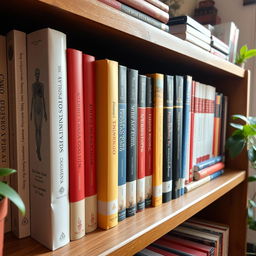 A neatly arranged collection of medical-related books on a wooden bookshelf, showcasing various titles and colorful book covers