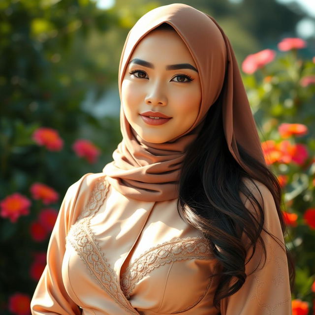 A beautiful Filipina woman with exceptionally large breasts, dressed in an elegant and stylish outfit that reflects her Muslim culture, featuring modest yet enticing design elements