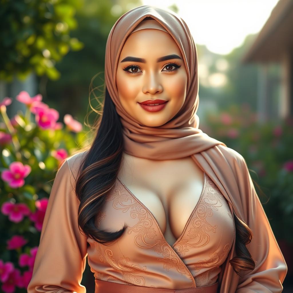 A beautiful Filipina woman with exceptionally large breasts, dressed in an elegant and stylish outfit that reflects her Muslim culture, featuring modest yet enticing design elements