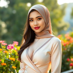 A beautiful Filipina woman with exceptionally large breasts, dressed in an elegant and stylish outfit that reflects her Muslim culture, featuring modest yet enticing design elements
