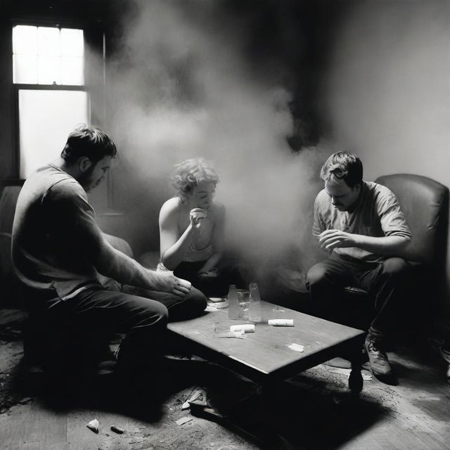 A high-quality black and white photograph showcases a group of friends, seemingly exhausted, collapsed together on a piece of furniture