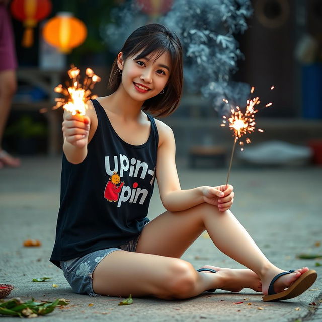 A beautiful Korean woman wearing a black tank top with Upin-Ipin graphics, short shorts, and flip flops