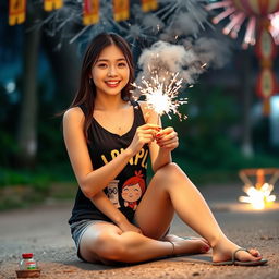 A beautiful Korean woman wearing a black tank top with Upin-Ipin graphics, short shorts, and flip flops