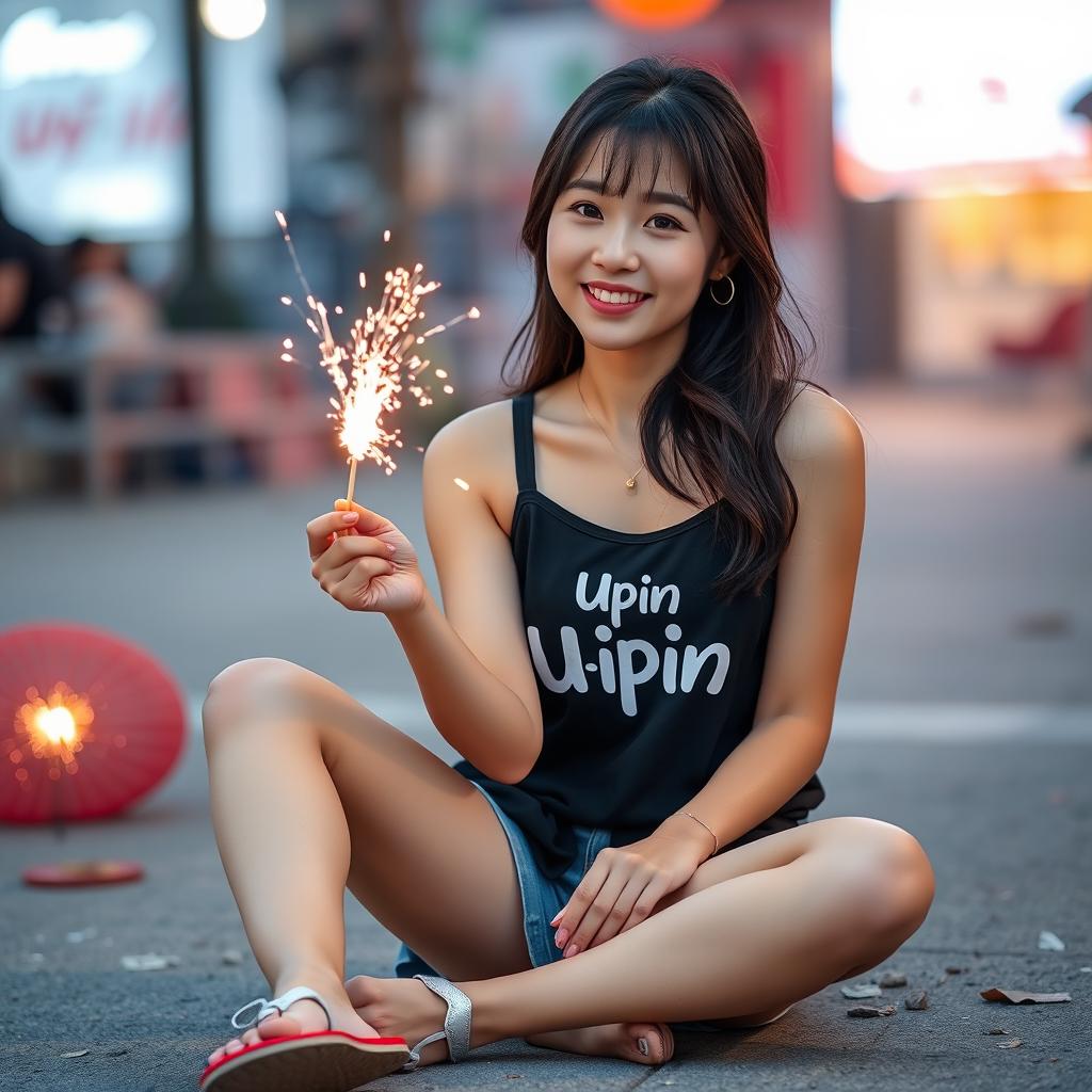A beautiful Korean woman wearing a black tank top with Upin-Ipin graphics, short shorts, and flip flops