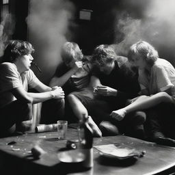 A high-quality black and white photograph showcases a group of friends, seemingly exhausted, collapsed together on a piece of furniture