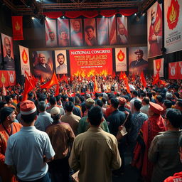 A grand congress scene depicting the National Congress of the Flames Uprising, featuring a diverse crowd of passionate people standing in a large hall filled with banners and symbols of rebellion