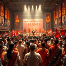 A grand congress scene depicting the National Congress of the Flames Uprising, featuring a diverse crowd of passionate people standing in a large hall filled with banners and symbols of rebellion