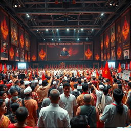 A grand congress scene depicting the National Congress of the Flames Uprising, featuring a diverse crowd of passionate people standing in a large hall filled with banners and symbols of rebellion