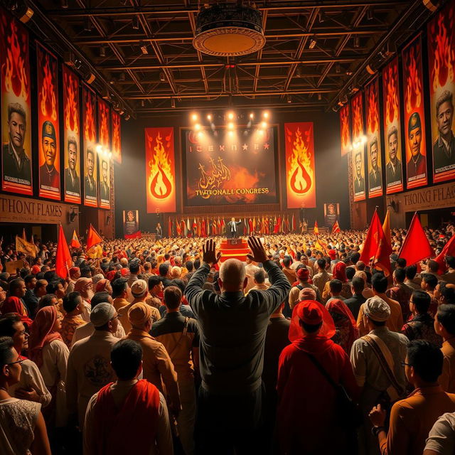 A grand congress scene depicting the National Congress of the Flames Uprising, featuring a diverse crowd of passionate people standing in a large hall filled with banners and symbols of rebellion