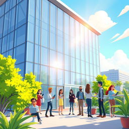 A vibrant animated scene of a modern office building in America, showcasing sleek glass architecture with a reflective facade, surrounded by lush greenery and a clear blue sky