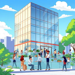 A vibrant animated scene of a modern office building in America, showcasing sleek glass architecture with a reflective facade, surrounded by lush greenery and a clear blue sky