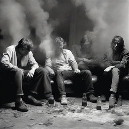 A high-quality black and white photograph showcases a group of friends, seemingly exhausted, collapsed together on a piece of furniture