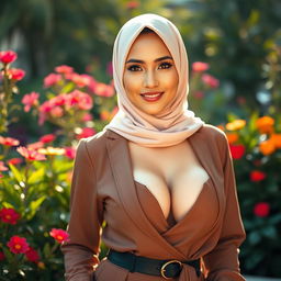 A beautiful Filipina woman with exceptionally large breasts, dressed in a stylish yet modest outfit that reflects her Muslim cultural background