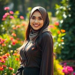 A beautiful Filipina woman with exceptionally large breasts, dressed in a stylish yet modest outfit that reflects her Muslim cultural background