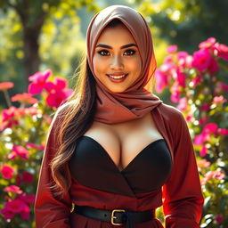 A beautiful Filipina woman with exceptionally large breasts, dressed in a stylish yet modest outfit that reflects her Muslim cultural background