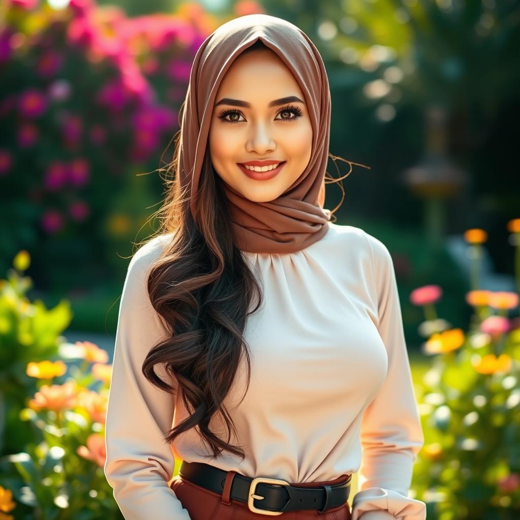 A beautiful Filipina woman with exceptionally large breasts, dressed in a stylish yet modest outfit that reflects her Muslim cultural background