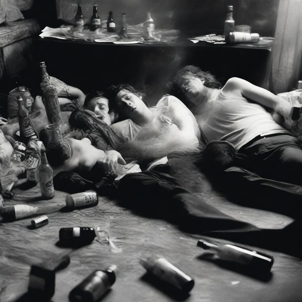 A black and white photograph captures a group of friends, exhausted and collapsed in furniture, surrounded by a pile of alcohol bottles