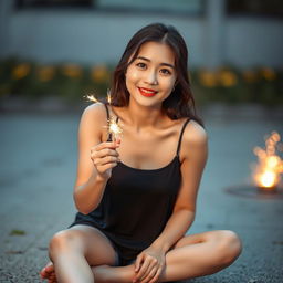 A beautiful Korean woman wearing a black tank top, shorts, and flip-flops, sitting on the ground facing the camera
