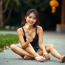 A beautiful Korean woman wearing a black tank top, shorts, and flip-flops, sitting on the ground facing the camera
