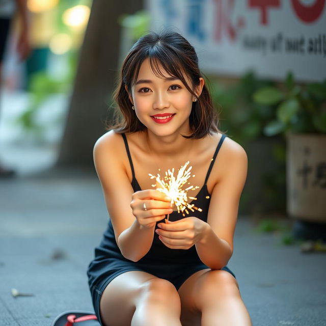 A beautiful Korean woman wearing a black tank top, shorts, and flip-flops, sitting on the ground facing the camera