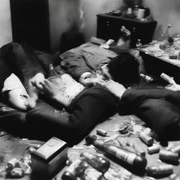 A black and white photograph captures a group of friends, exhausted and collapsed in furniture, surrounded by a pile of alcohol bottles