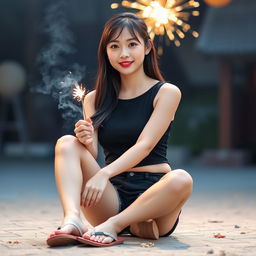 A beautiful Korean woman wearing a black tank top, shorts, and flip-flops, sitting on the ground facing the camera
