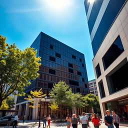 A modern architectural scene featuring a sleek building with all glass windows replaced with a stylish matte black finish