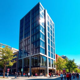 A modern architectural scene featuring a sleek building with all glass windows replaced with a stylish matte black finish