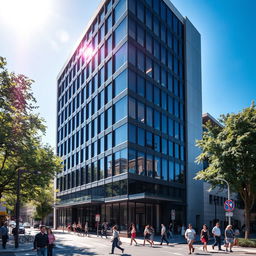 A modern architectural scene featuring a sleek building with all glass windows replaced with a stylish matte black finish