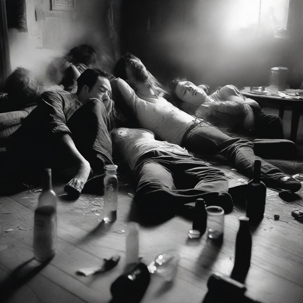 A black and white photograph captures a group of friends, exhausted and collapsed in furniture, surrounded by a pile of alcohol bottles